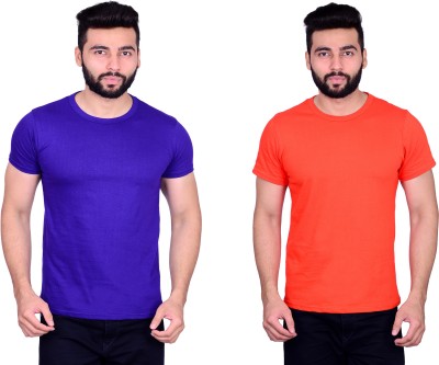 La Milano Solid Men Round Neck Purple, Orange T-Shirt