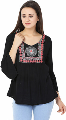 FORELEVY Casual 3/4 Sleeve Embroidered Women Black Top