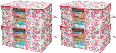 KUBER INDUSTRIES Underbed Storage Bag,Storage Organiser,Blanket Cover Set of 4 Pcs - Pink Flower Design (Extra Large Size) Code-UNDPL09(Pink)