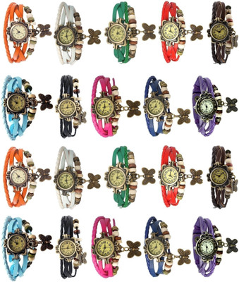 

Haunt Designer Vintage Jewellery Leather Set of 20 Multicolor Bracelet Butterfly Band Watch - For Girls