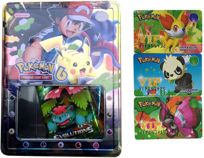 

Assemble Evolution Pokemon Playing Cards With Booster Pack and Tin Box With 3 VIP Cards Combo For Kids(Multicolor)