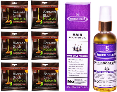 

Garnier 6 SACHET NATURAL BROWN NO. 4 with PURE COLD PRESSED SHEER SECRET HAIR BOOSTER OIL 100 ML(Set of 2)