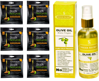 

Garnier 6 SACHET ORIGINAL BLACK NO. 2 with PURE COLD PRESSED SHEER SECRET OLIVE OIL 100 ML(Set of 2)