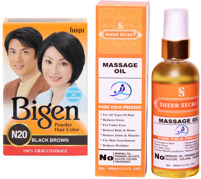 

Bigen BLACK BROWN N20 with PURE COLD PRESSED SHEER SECRET MASSAGE OIL 100 ML(Set of 2)