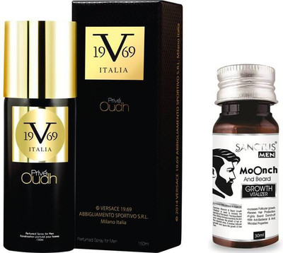 

Versace ITALIA 19V69 Oudh Perfumed Body Spray For Men & SANCTUS Moonch & Beard Growth Vitalizer Combo (150ml + 30ml)(Set of 2)