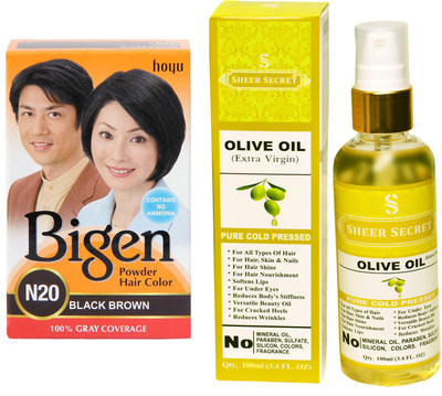 

Bigen BLACK BROWN N20 with PURE COLD PRESSED SHEER SECRET OLIVE OIL 100 ML(Set of 2)