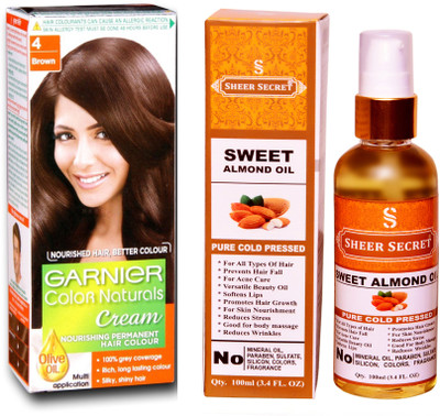 

Garnier BOX NATURAL BROWN NO. 4 with PURE COLD PRESSED SHEER SECRET SWEET ALMOND OIL 100 ML(Set of 2)