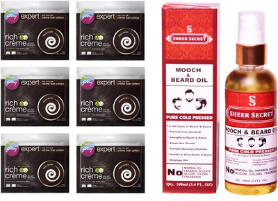 

Godrej 6 SACHET BLACK BROWN NO. 3 with PURE COLD PRESSED SHEER SECRET MOOCH AND BEARD OIL 100 ML(Set of 2)