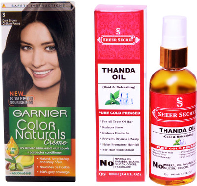 

Garnier BOX DARK BROWN NO. 3 with PURE COLD PRESSED SHEER SECRET THANDA OIL 100 ML(Set of 2)