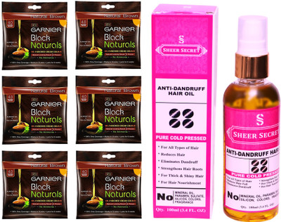 

Garnier 6 SACHET NATURAL BROWN NO. 4 with PURE COLD PRESSED SHEER SECRET ANTI DANDRUFF OIL 100 ML(Set of 2)