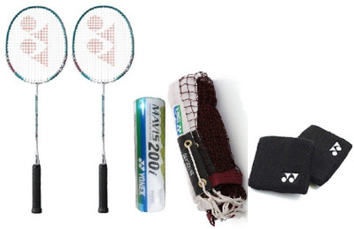

Yonex Combo of Five- Two 'Muscle Power-2' Badminton racket, one 'Mavis 200i' Nylon Shuttle cock, one Pair of Wrist band and one 'BN 143 C PRO' badminton net- Badminton Kit