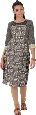 Span Women Printed Frontslit Kurta(Grey) Span Women Printed Frontslit Kurta(Grey)