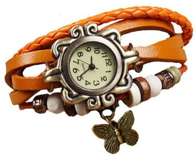 

Mettle Fancy Orange Leather Hand Knit Vintage Watches Dress Bracelet Women Girls Ladies Clover Pendant Retro.1801-ORG010 Watch - For Women