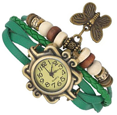 

Mettle Fancy Green Leather Hand Knit Vintage Watches Dress Bracelet Women Girls Ladies Clover Pendant Retro.1801-GRN006 Watch - For Women