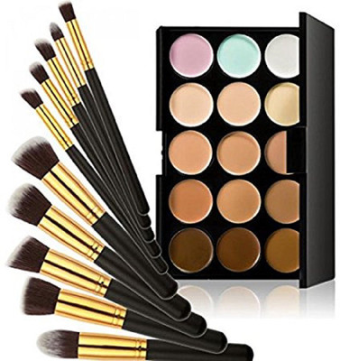 

Glamouroui Imported 15-Color Concealer Palette+10Pcs Eyebrow Power Makeup Brush Black gold(Set of 2)
