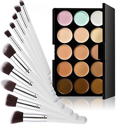 

Glamouroui Imported 15-Color Concealer Palette+10Pcs Eyebrow Power Makeup Brush White silver(Set of 2)