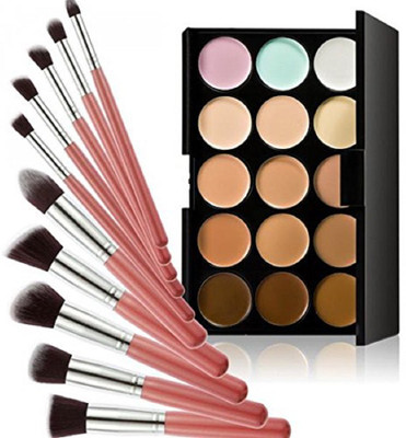 

Glamouroui Imported 15-Color Concealer Palette+10Pcs Eyebrow Power Makeup Brush Pink silver(Set of 2)
