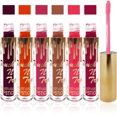 

Femina09 cosmetics makeup Touch n try velvet matte liquid lipstick enriched with vitamin E fashion color combo set of 6(l brown, d purple, l orange,orange pink, pink, d pink, 30 ml)