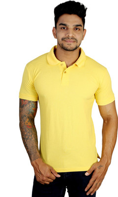 INKYBONY Solid Men Polo Neck Yellow T-Shirt