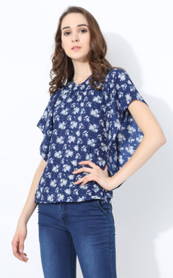 shaper Party Butterfly Sleeve Printed Women Blue Top