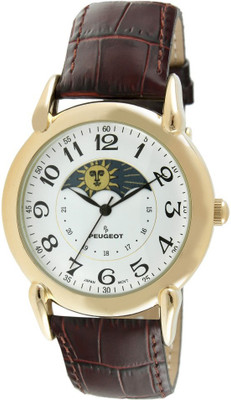 

Peugeot white10797 Peugeot Unisex Gold-Tone Case Sun Moon Watch with Brown Textured Leather Band 3032 Watch - For Men