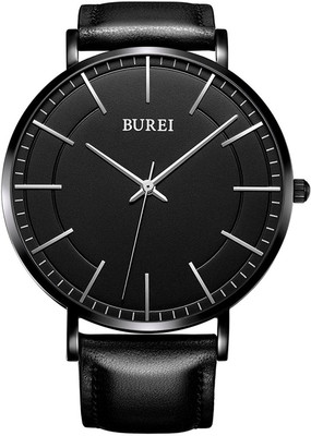 

BUREI Black23727 BUREI Unisex Ultra Thin Big Black Face Quartz Watch with Stainless Steel Case and Leather Strap Watch - For Men