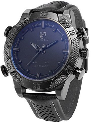 

SharkNinja Black14682 Kitefin Shark Men's LED Date Day Alarm Digital Analog Quartz Black Leather Band Wrist Watch SH262 Grey Watch - For Men
