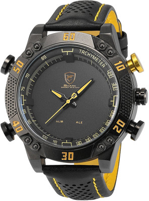 

SharkNinja Black14685 Kitefin Shark Men's LED Date Day Alarm Digital Analog Quartz Sport Black Leather Band Wrist Watch SH231 Yellow Watch - For Men