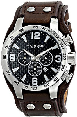 Akribos XXIV Black 13689 Akribos XXIV Men's AK727SSB Chronograph Quartz Movement Watch with Black Dial and Brown Genuine Leather Strap Watch - For Men