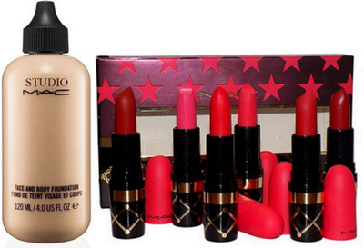 

studio Face&Body Foundation Fond De Teint 120ml&Mac Nutcraker Set Of 6 Sweet Nude Lipstick(Set of 7)
