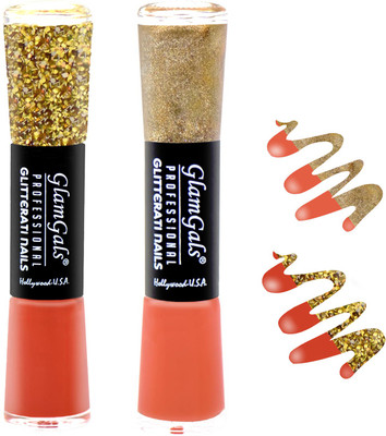 

GlamGals combo of 2 Glitterati Nail Polish Red, Peach(Pack of 2)