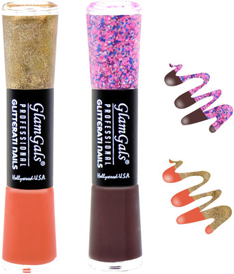 

GlamGals combo of 2 Glitterati Nail Polish Peach, Wine(Pack of 2)