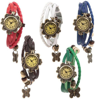 

FabSale Rakhi Butterfly Vintage Multicolour Leather Strap Combo Pack Of - 5 For Women And Girls Watch - For Girls