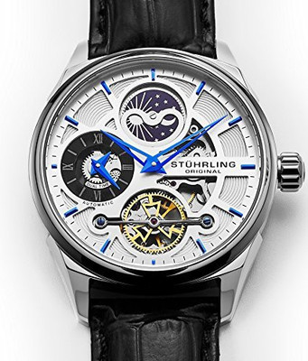

Stuhrling Original Silver2451 Stuhrling Original Skeleton Dress Analog Watch for Men, Dual Time Automatic Wristwatch, Stainless Steel, Calfskin Leather Strap, White Dial with Blue Accents Watch - For Men