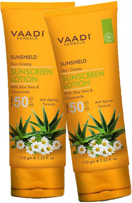 

VAADI Sunscreen Lotion SPF-50 with Aloe Vera & Chamomile 110ml X 2 pack - SPF 50(220 g)