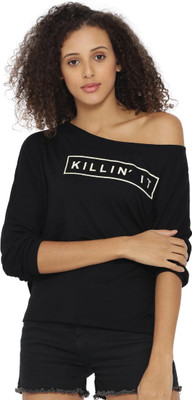 CAMPUS SUTRA Casual 3/4 Sleeve Graphic Print Women Black Top