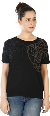 FIREAGE Casual Half Sleeve Embellished Women Black Top