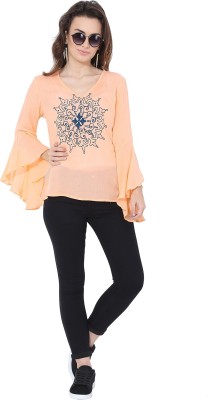 FORELEVY Casual Bell Sleeve Embroidered Women Orange Top