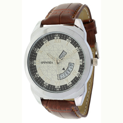 

SPINOZA DD-4 Day and date functioning black leather strap white designer dial sports watch for men Day and date Watch - For Boys