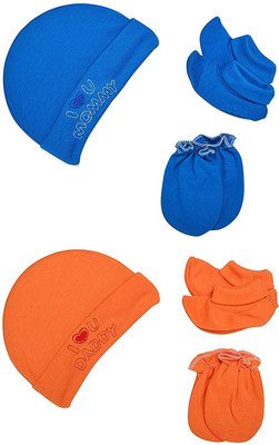 

Baby Bucket Premium Quality Light Weight Regular Fit Hosiery Material Stretchable Baby Caps,Mittens and Booties Set 0-3 Months(Blue & Ornage)