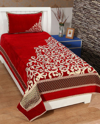 Byloom 220 TC Velvet Single Motifs Flat Bedsheet(Pack of 1, Red)