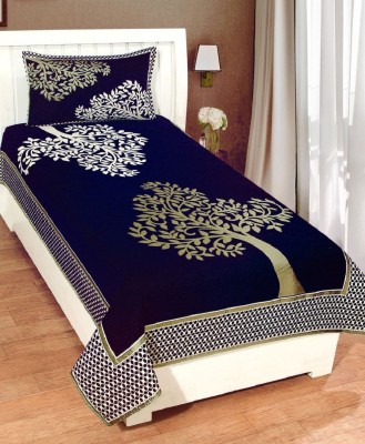 Nanki's 220 TC Velvet Single Self Design Flat Bedsheet(Pack of 1, Blue)