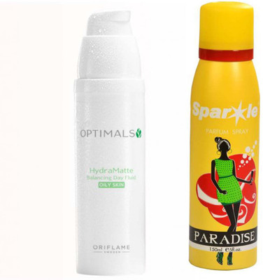 Oriflame Sweden OPTIMALS HYDRA MATTE BALANCING DAY FLUID OILY SKIN (50 ml) with one sparkle perfume spray 150 ml(Set of 2)