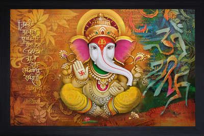 saf Ganesha Textured Print with UV Canvas 14 inch x 20 inch Painting(With Frame)