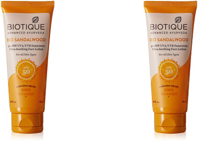 Biotique Bio Sandalwood 50+ SPF UVA/UVB Sunscreen Ultra Soothing Face Lotion 50ml (Pack of 2) - SPF 50(50 g)