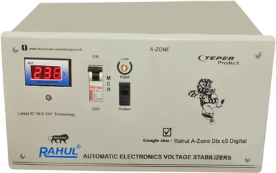 

Rahul A-Zone Dlx c5 Digital 5 KVA/20 Amp 100-280 Volt 5 Step Mainline Use Up to 5 KVA Load Copper Automatic Digital Voltage Stabilizer(Gray)