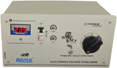

Rahul C-5000 a5 Digital 5 KVA/20 Amp 90-260 Volt Mainline Use Up to 5 KVA Load Autocut Raf & Taf Digital Autocut Stabilizer(Gray)