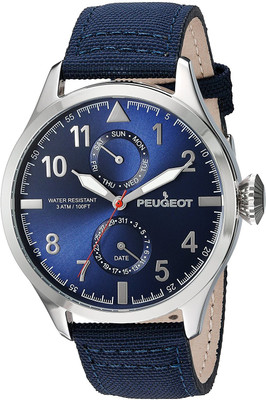 

Peugeot Blue 4894 Peugeot Men's Silver Blue Nylon Band Day Date Calendar Aviator Weekend Watch 2044SBL Watch - For Men
