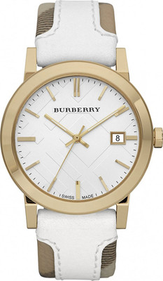 

Burberry White 1747 Burberry BU9015 Women's Swiss Heymarket Check Fabric and White Leather Band White Dial Watch Watch - For Women