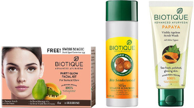 

BIOTIQUE BIO Bio Party Glow Facial Kit, Bio Sandalwood 50+ Spf Sunscreen Ultra Soothing Face Lotion, Bio Papaya Exfoliating Face Wash(Set of 3)